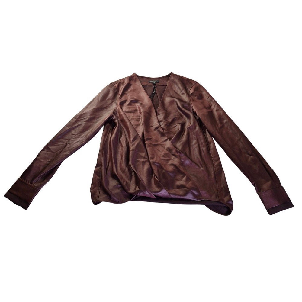 Rag & Bone Victor Blouse WAW21PA046CU46 Womens Size S Burgundy Satin Wrap Top
